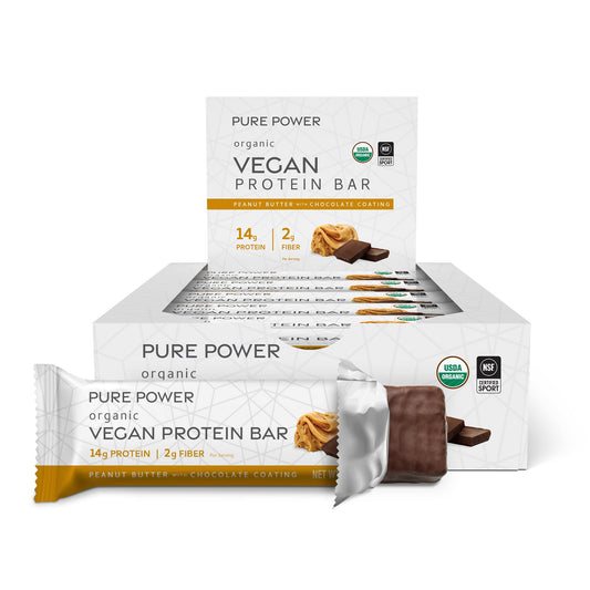 Dr. Mercola Pure Power vegan bar with peanut butter chocolate for quick energy on the go.