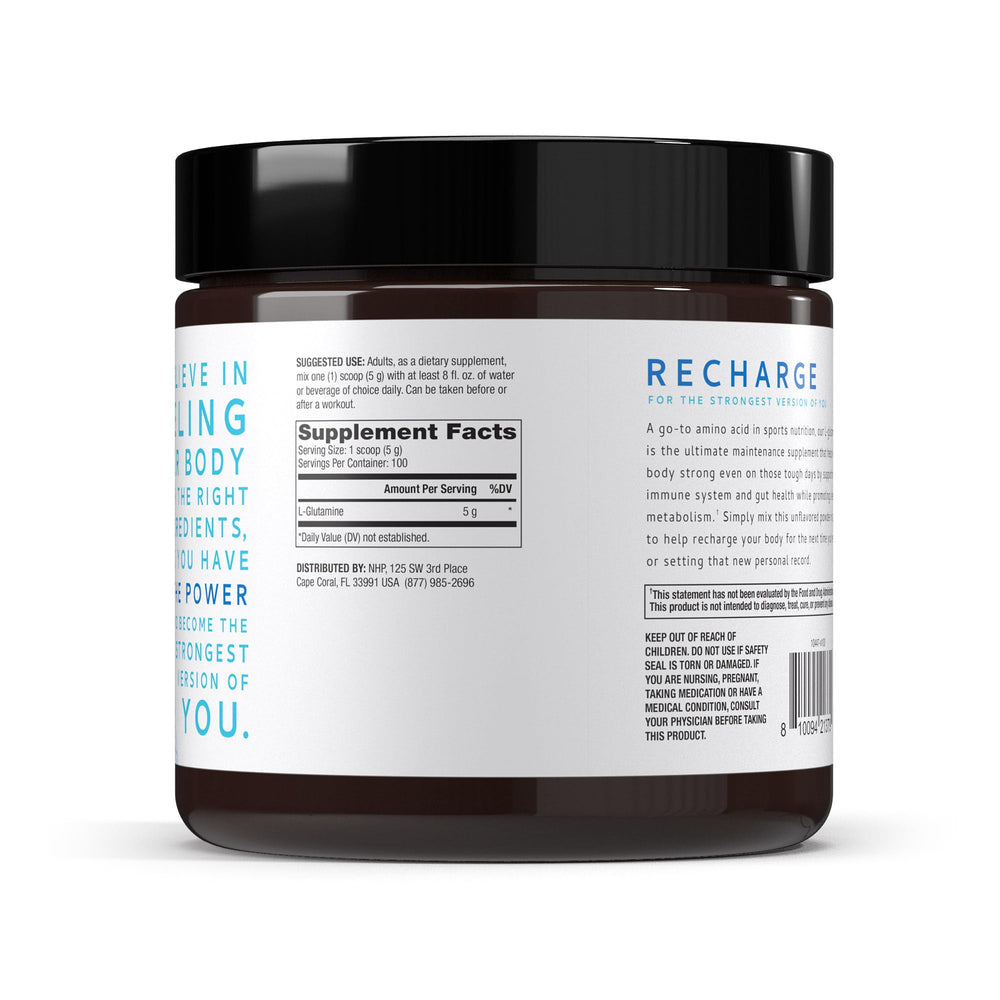 Pure Power L-Glutamine powder dissolving in water for quick mixing.