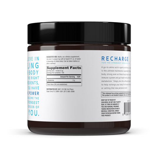 Pure Power L-Glutamine powder dissolving in water for quick mixing.