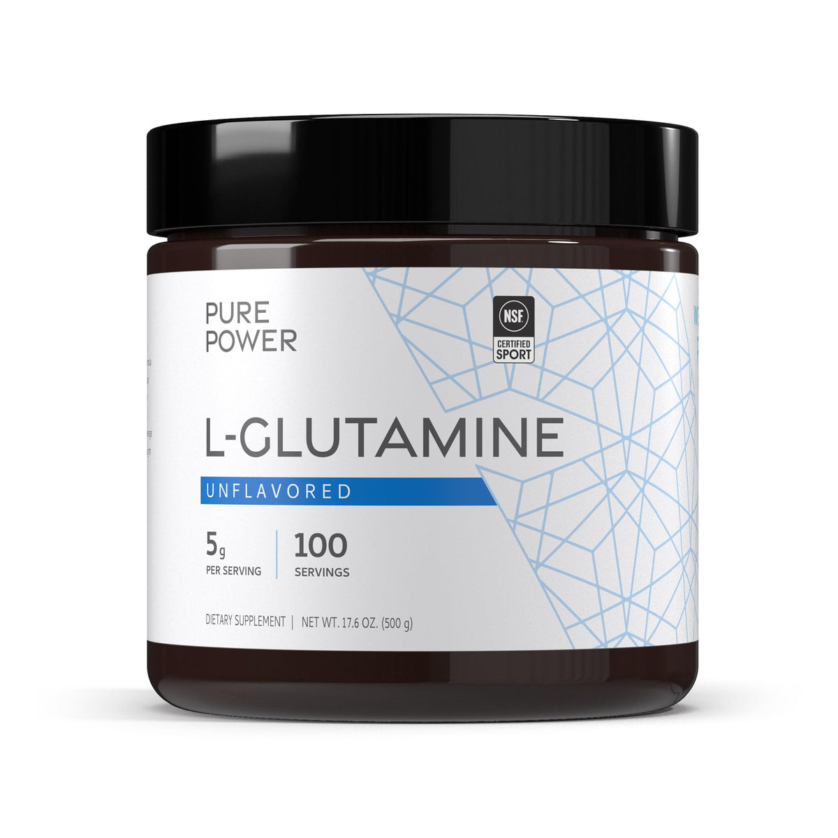 Dr. Mercola Pure Power L-Glutamine jar front shows unflavored powder ready for shakes.