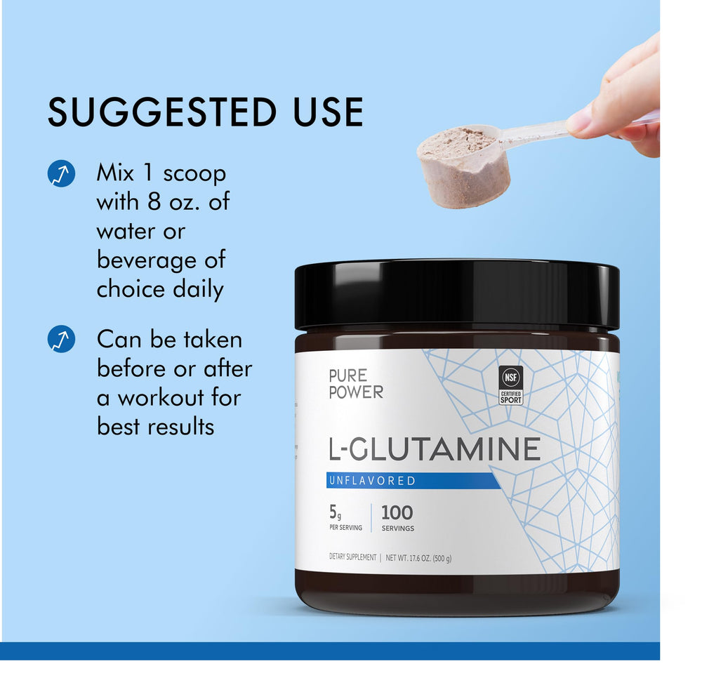 Nutrition panel highlights serving size and ingredient details for Pure Power L-Glutamine.