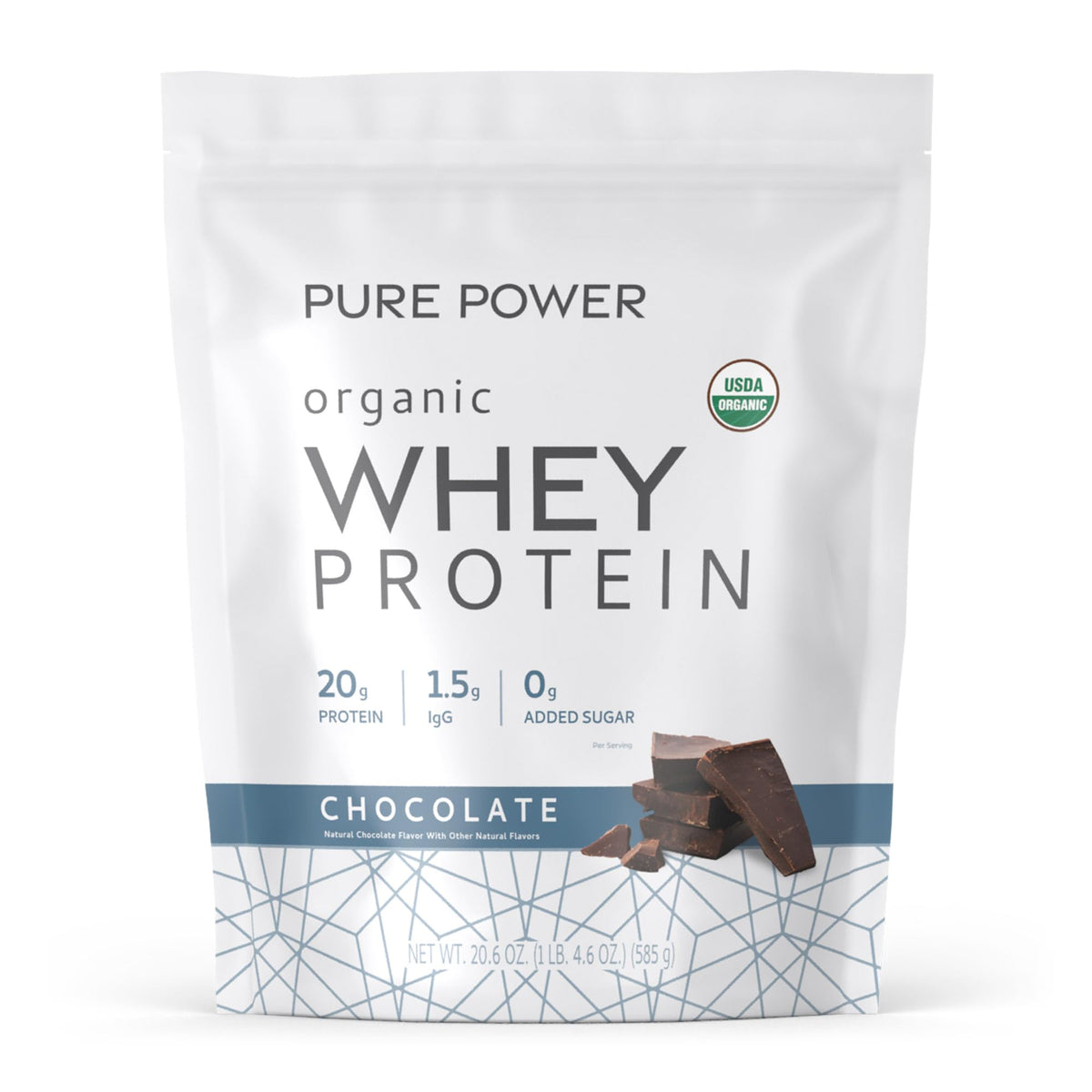 Dr. Mercola Pure Power Organic Whey tub shows 20 g protein per serving for muscle support