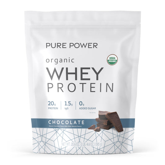 Dr. Mercola Pure Power Organic Whey tub shows 20 g protein per serving for muscle support