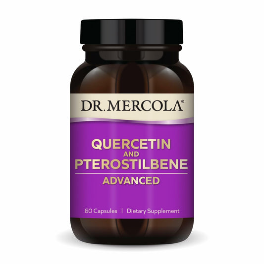 Dr. Mercola Quercetin & Pterostilbene Advanced bottle label highlighting high-bioavailability.