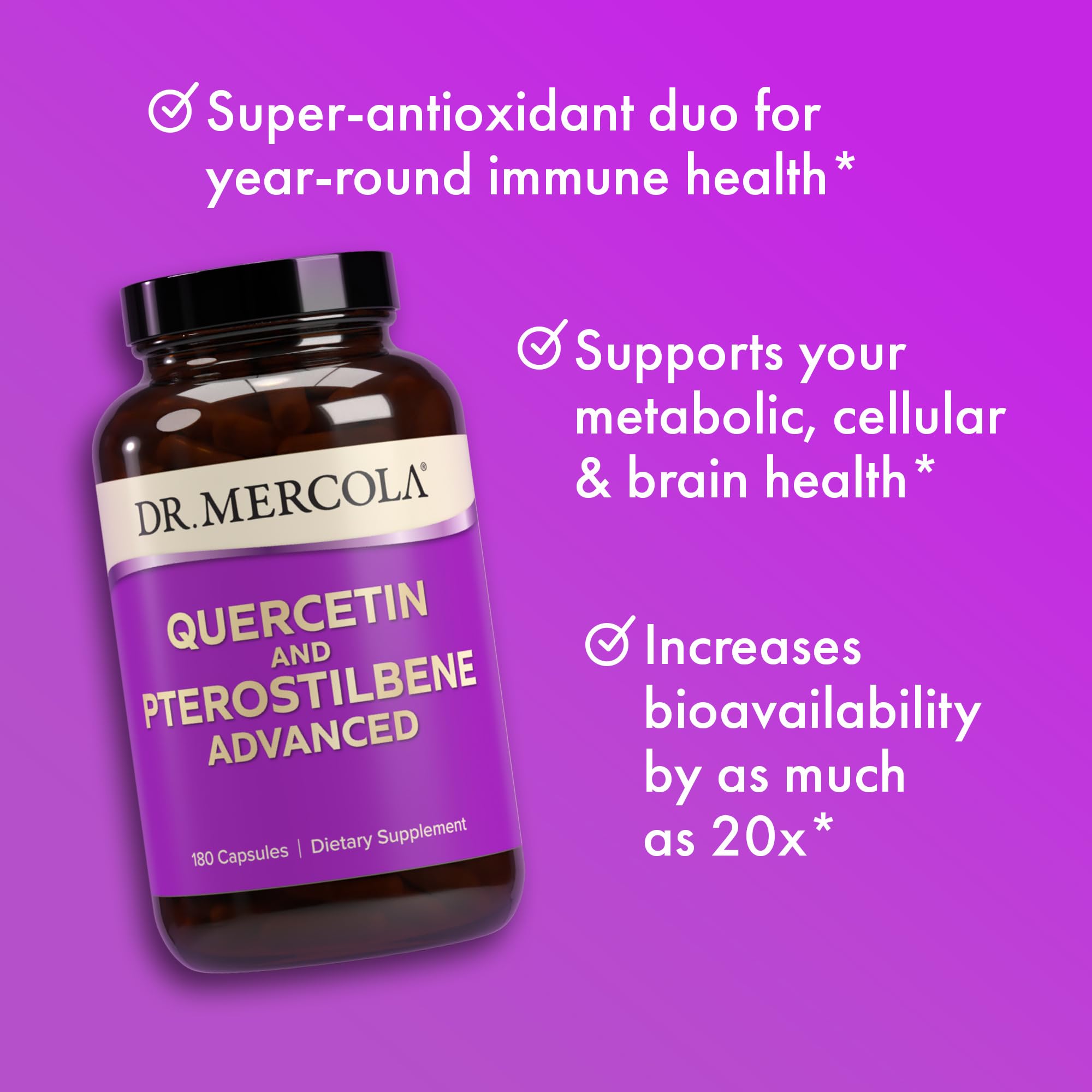 Dr. Mercola Quercetin & Pterostilbene Advanced scene suggesting daily wellness routine.