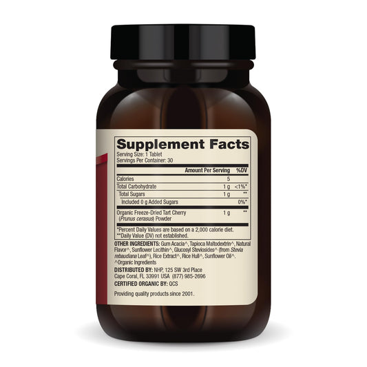 Dr. Mercola Tart Cherry chewables on spoon, easy daily use.