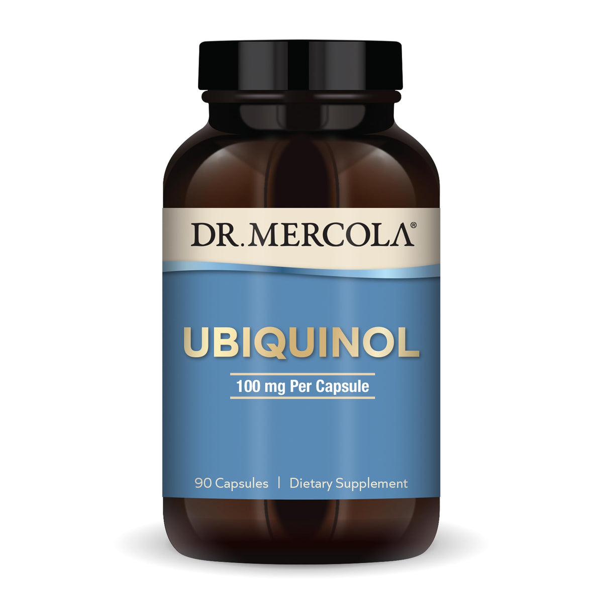Dr. Mercola Ubiquinol bottle pour showing energy support for daily routines