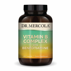 Dr. Mercola Vitamin B Complex benfotiamine bottle supports daily energy.