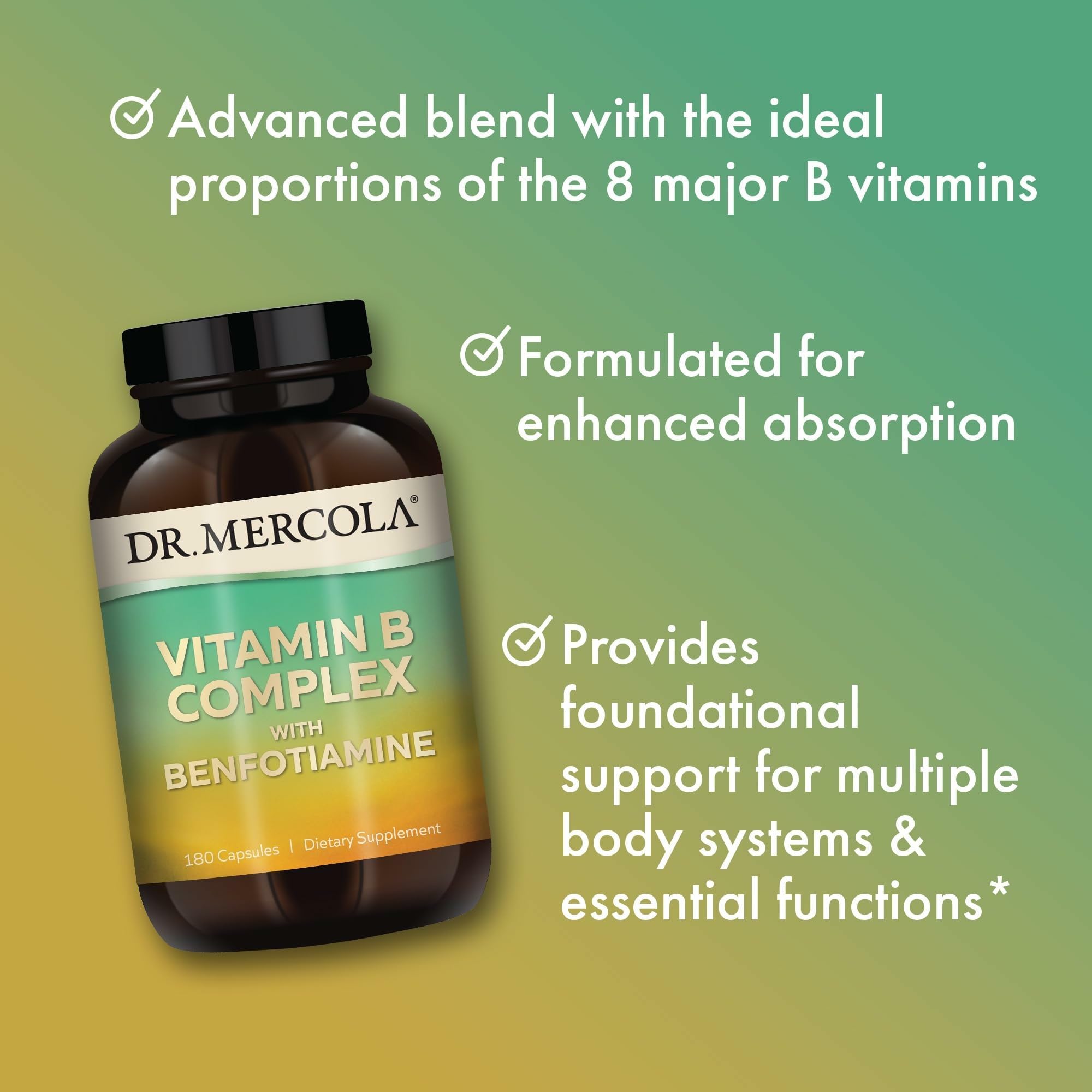 Dr. Mercola Vitamin B Complex non-GMO label conveys clean ingredients for daily use.