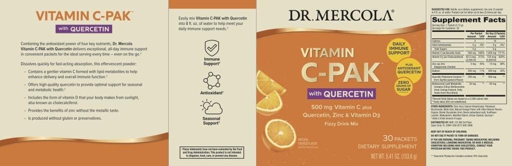 Dr. Mercola Vitamin C-PAK orange dissolving drink with zinc and vitamin D3 for gluten-free daily use.