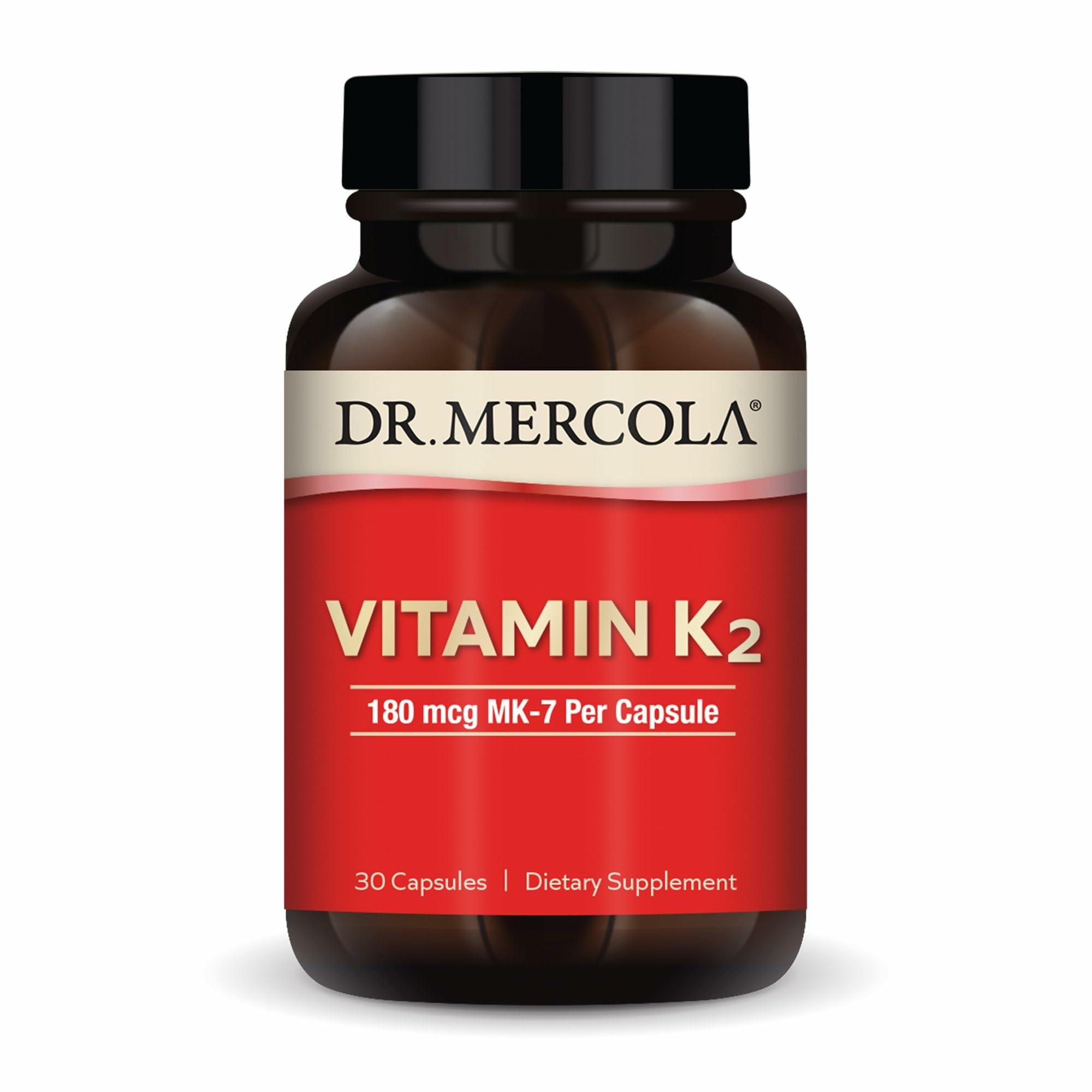 Dr. Mercola Vitamin K2-180 mcg bottle front highlights a premium bone support supplement