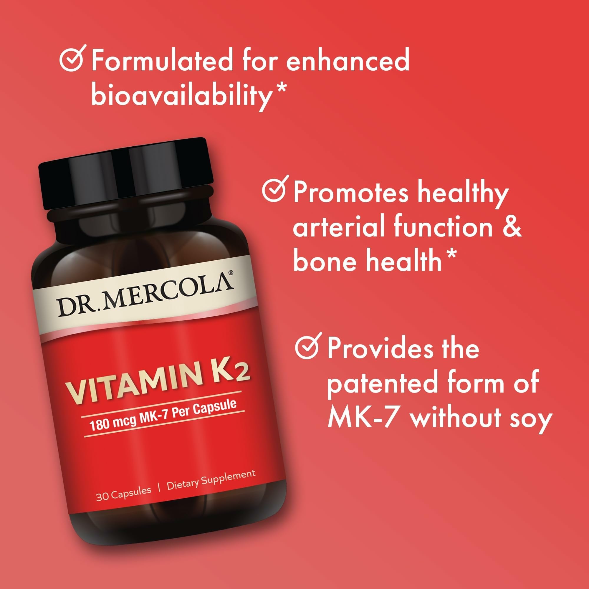 Label detail on Dr. Mercola Vitamin K2-180 mcg showing MenaQ7 and dosage