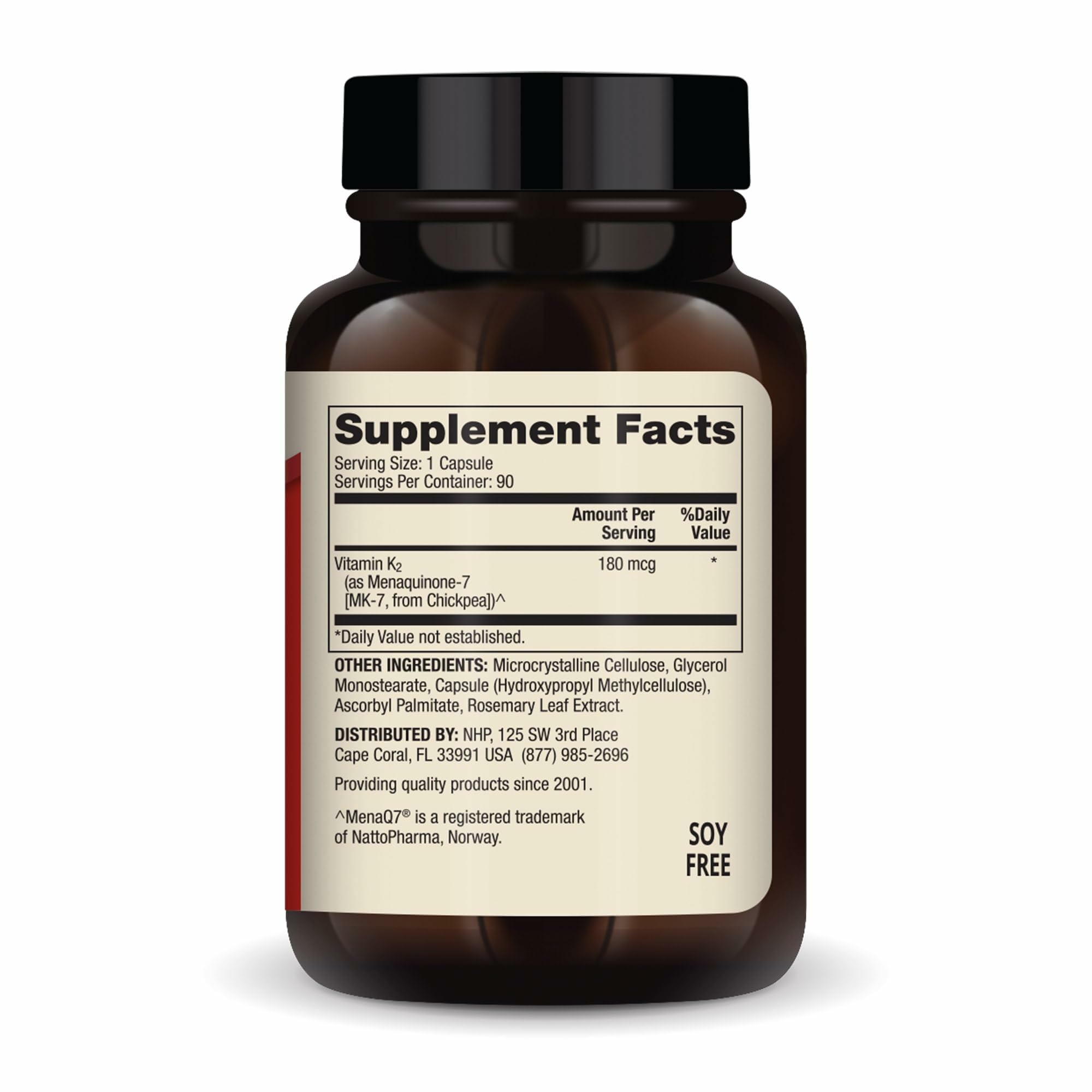 Close-up of Vitamin K2 label highlighting 180 mcg per serving