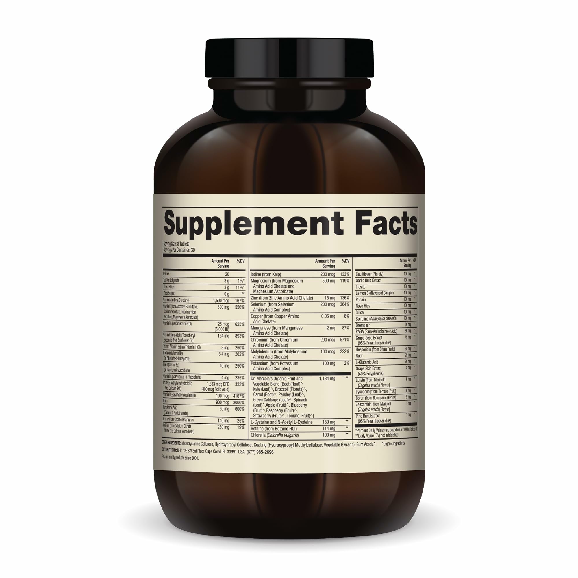 Dr Mercola multivitamin label close-up highlights essential nutrients.