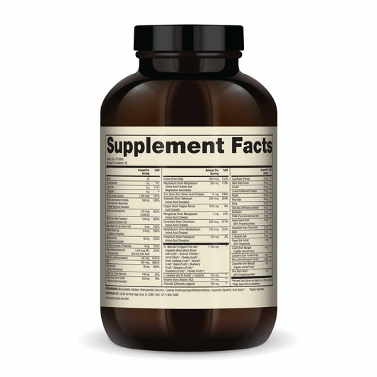 Dr Mercola multivitamin label close-up highlights essential nutrients.