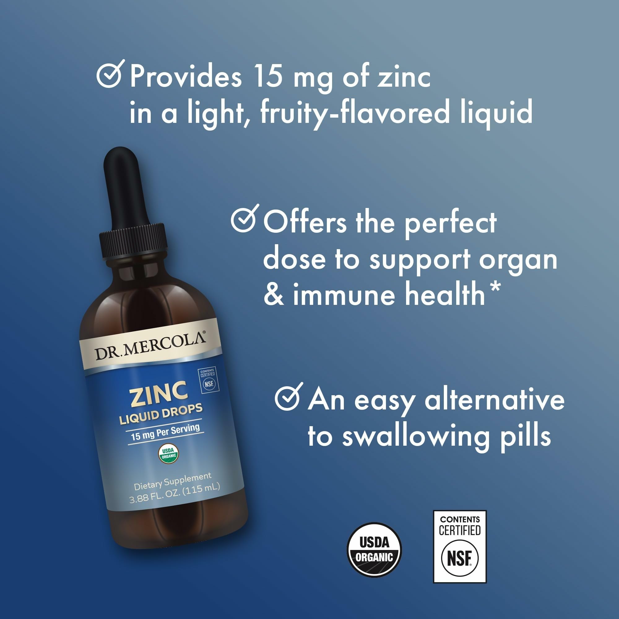 Dr. Mercola Zinc Liquid Drops flavored with organic apple juice for mild taste