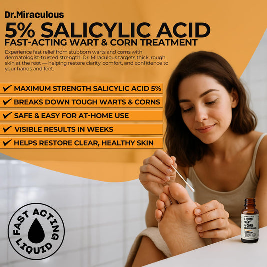 Dr. Miraculous wart remover application steps show soak, dry, and apply.
