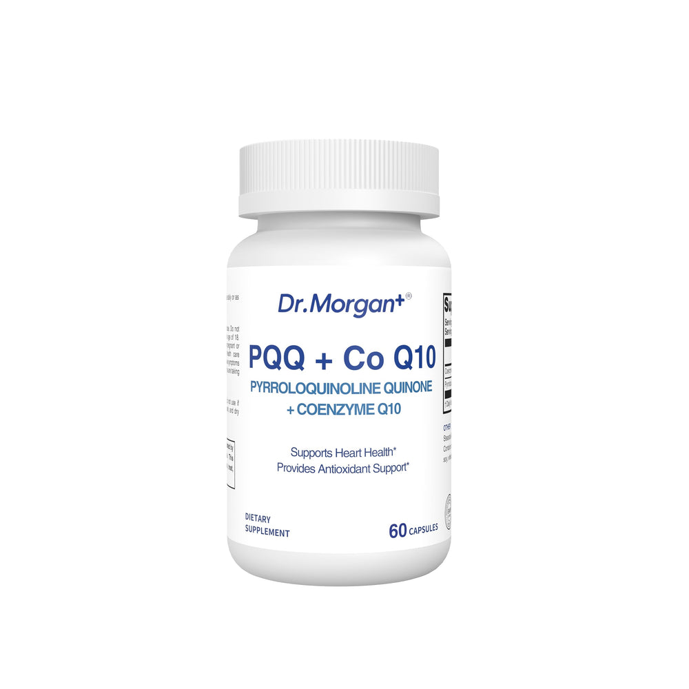 DR.MORGAN PQQ + CoQ10 bottle front view for daily energy support.