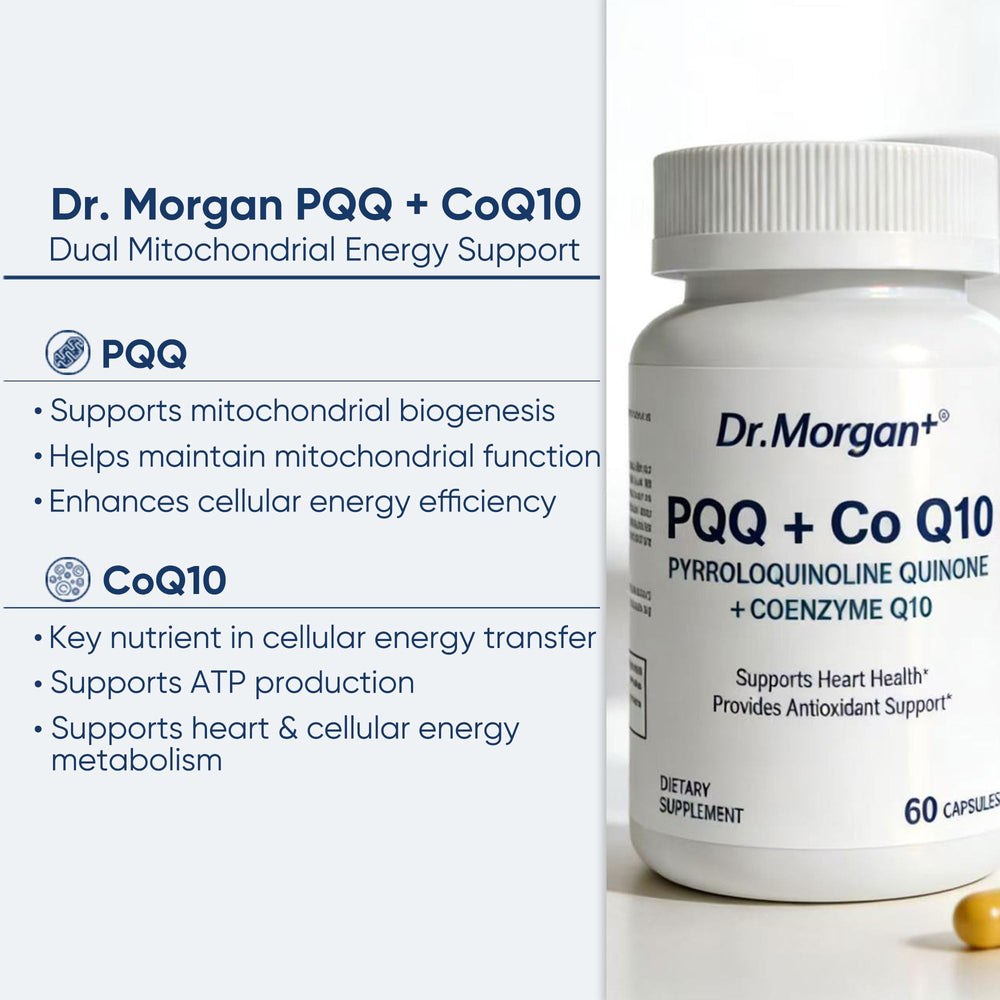 DR.MORGAN PQQ + CoQ10 label emphasizes non-GMO purity.