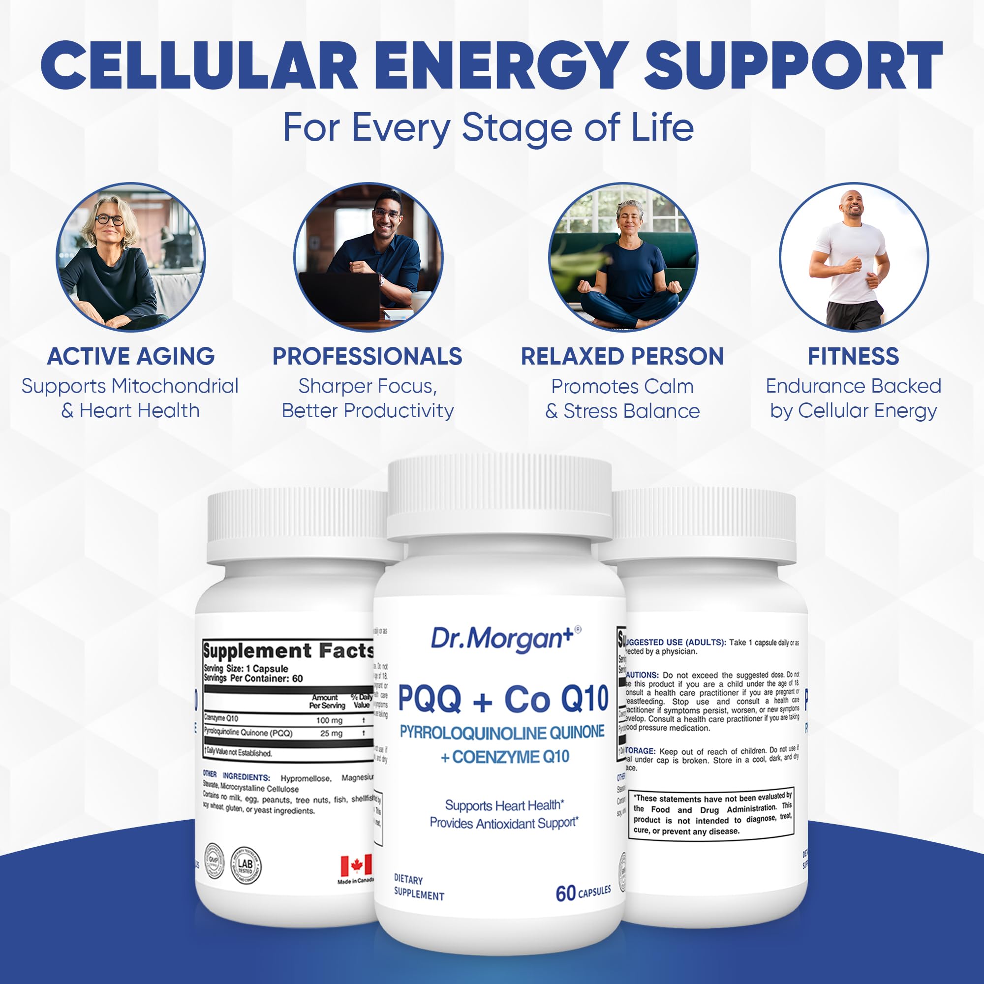 DR.MORGAN lifestyle shot featuring an active adult taking capsules.
