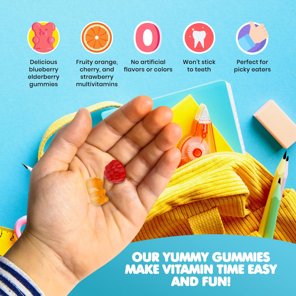 Blueberry-flavored elderberry gummies for kids, DR. MORITZ, kid-friendly taste.