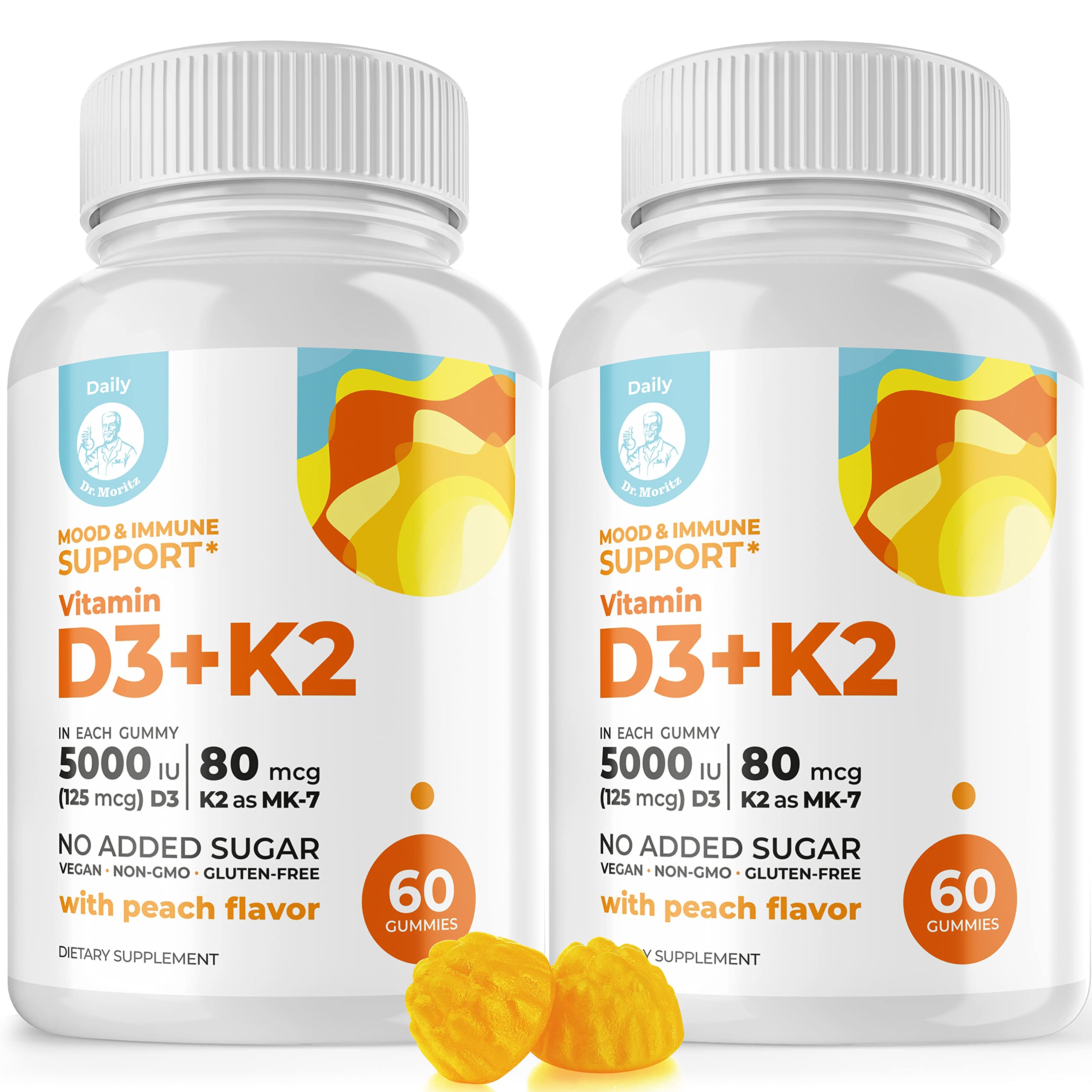 DR. MORITZ D3 K2 gummies peach bottle support daily immune and bone health.