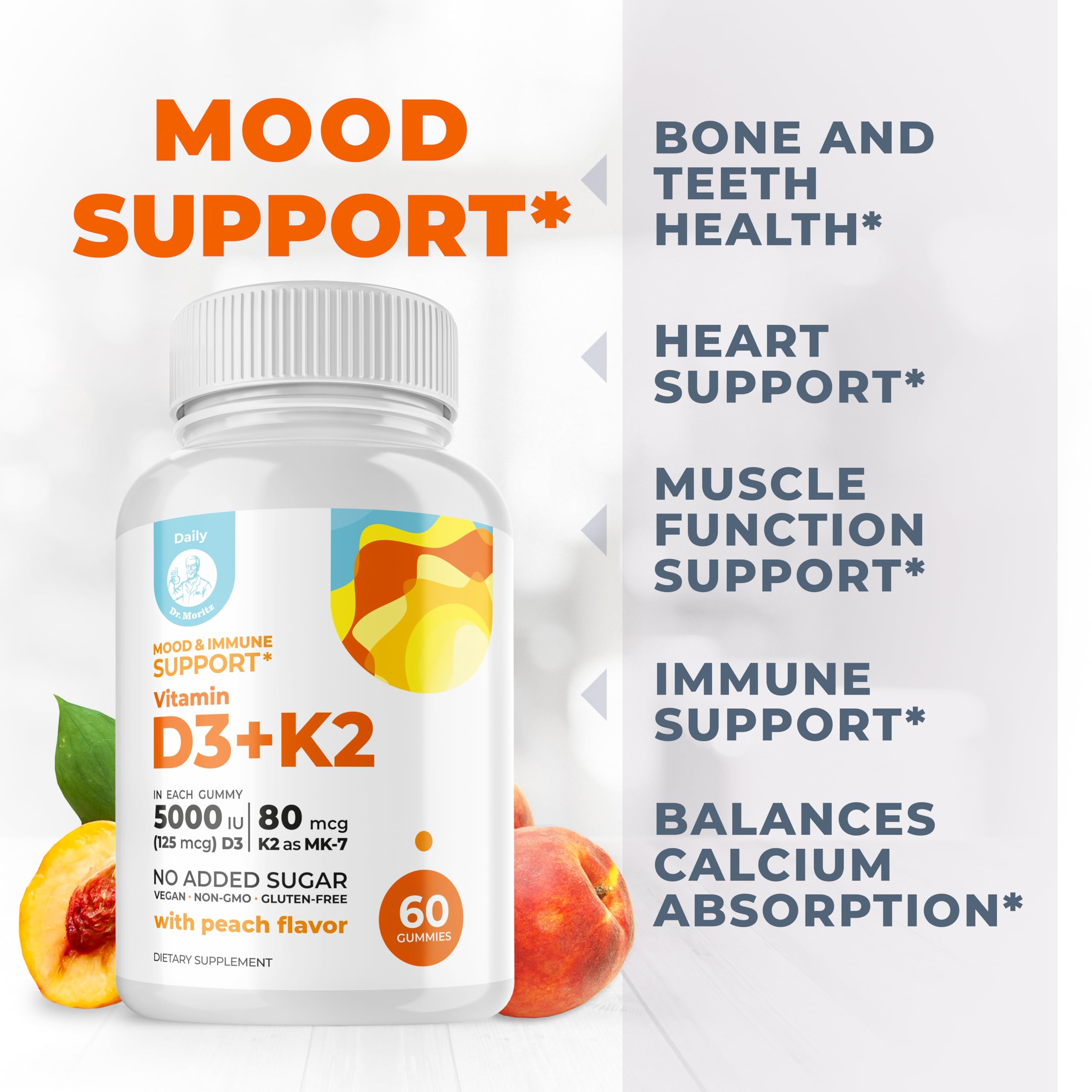 DR. MORITZ D3 K2 gummies packaging highlights vegan sugar-free formula.
