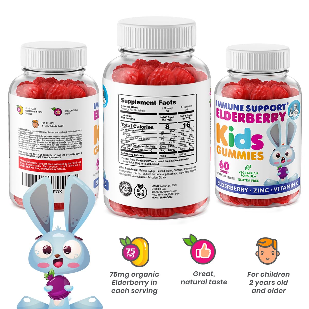 Front-label closeup shows elderberry, vitamin C, zinc for daily immune health
