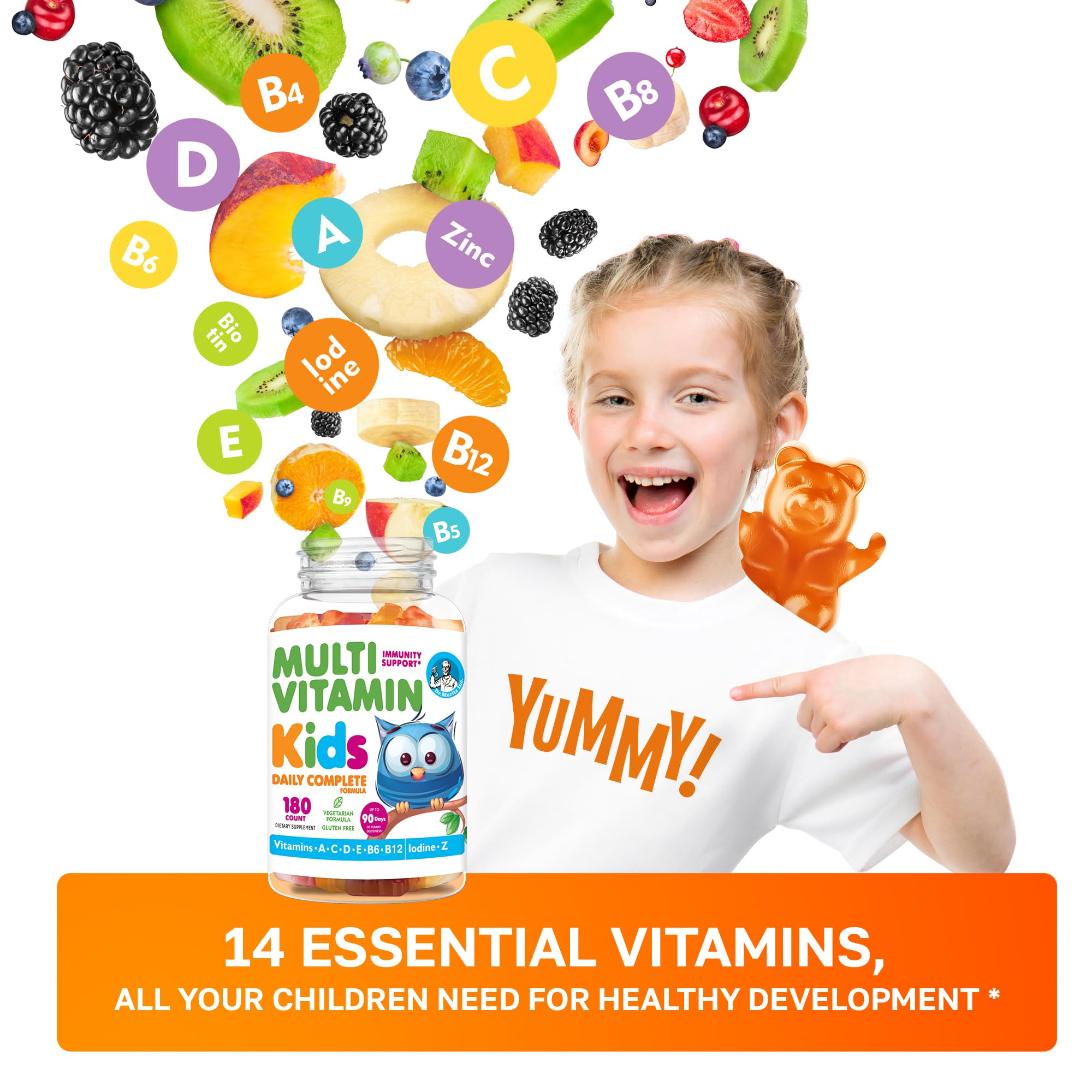 DR. MORITZ Kids Multivitamin Gummies bottle strawberry flavor makes daily intake tasty.