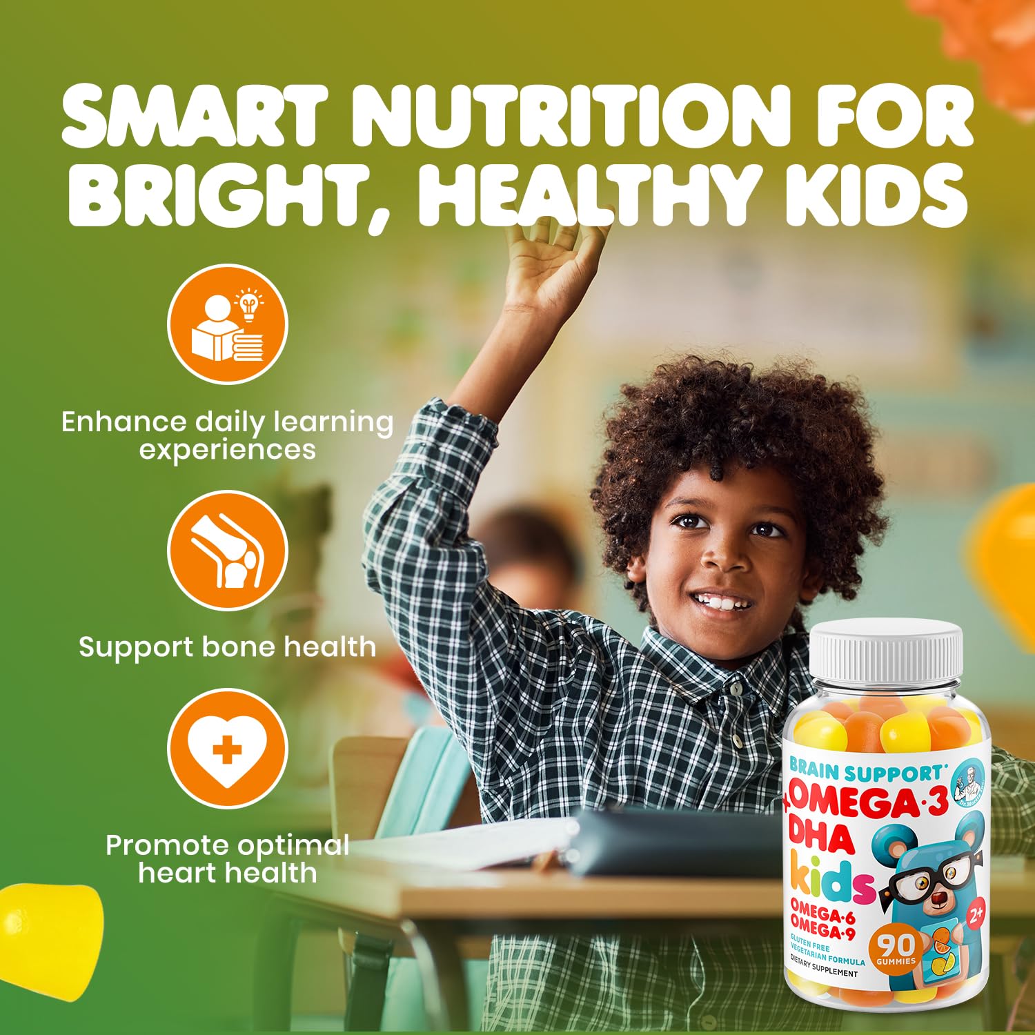 DR. MORITZ Kids Multivitamin label close-up, highlights 12 essential nutrients.