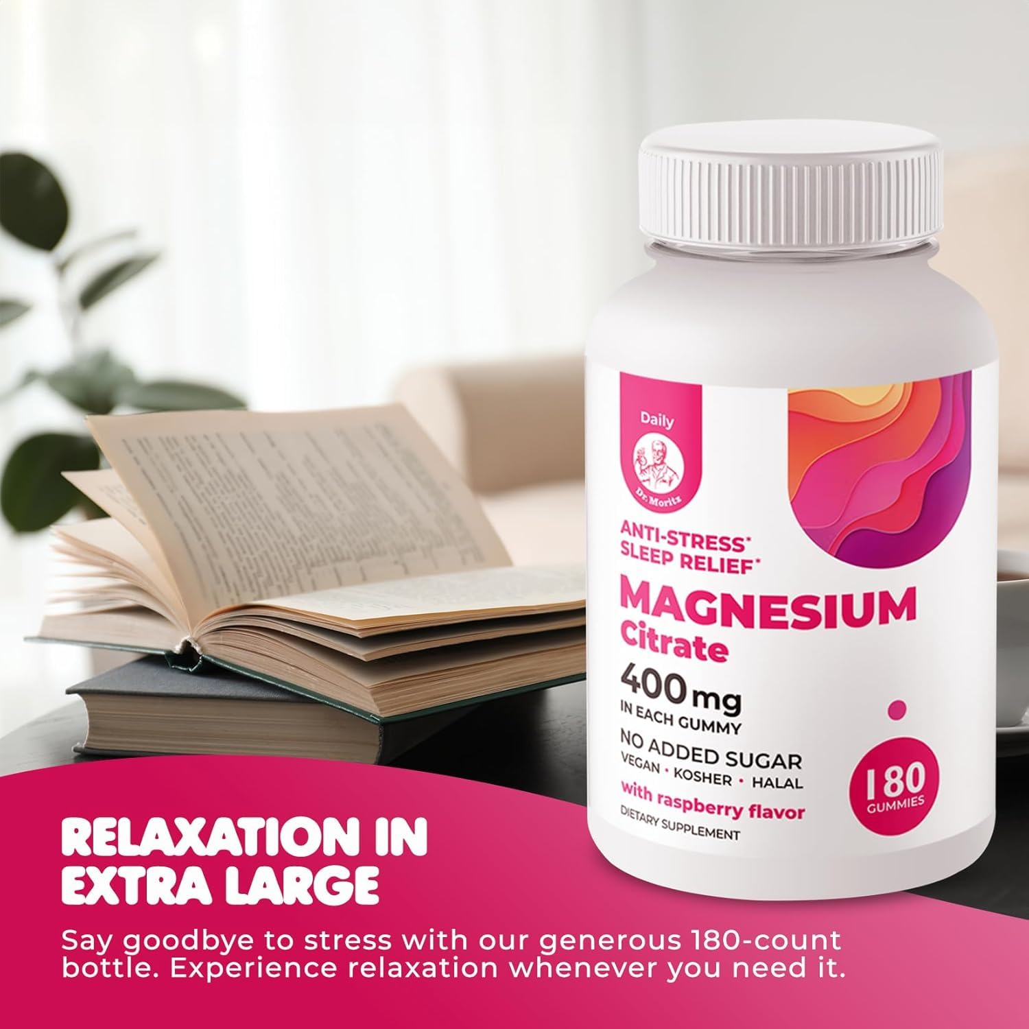 DR. MORITZ Magnesium Gummies bottle on desk ready for bedtime routine