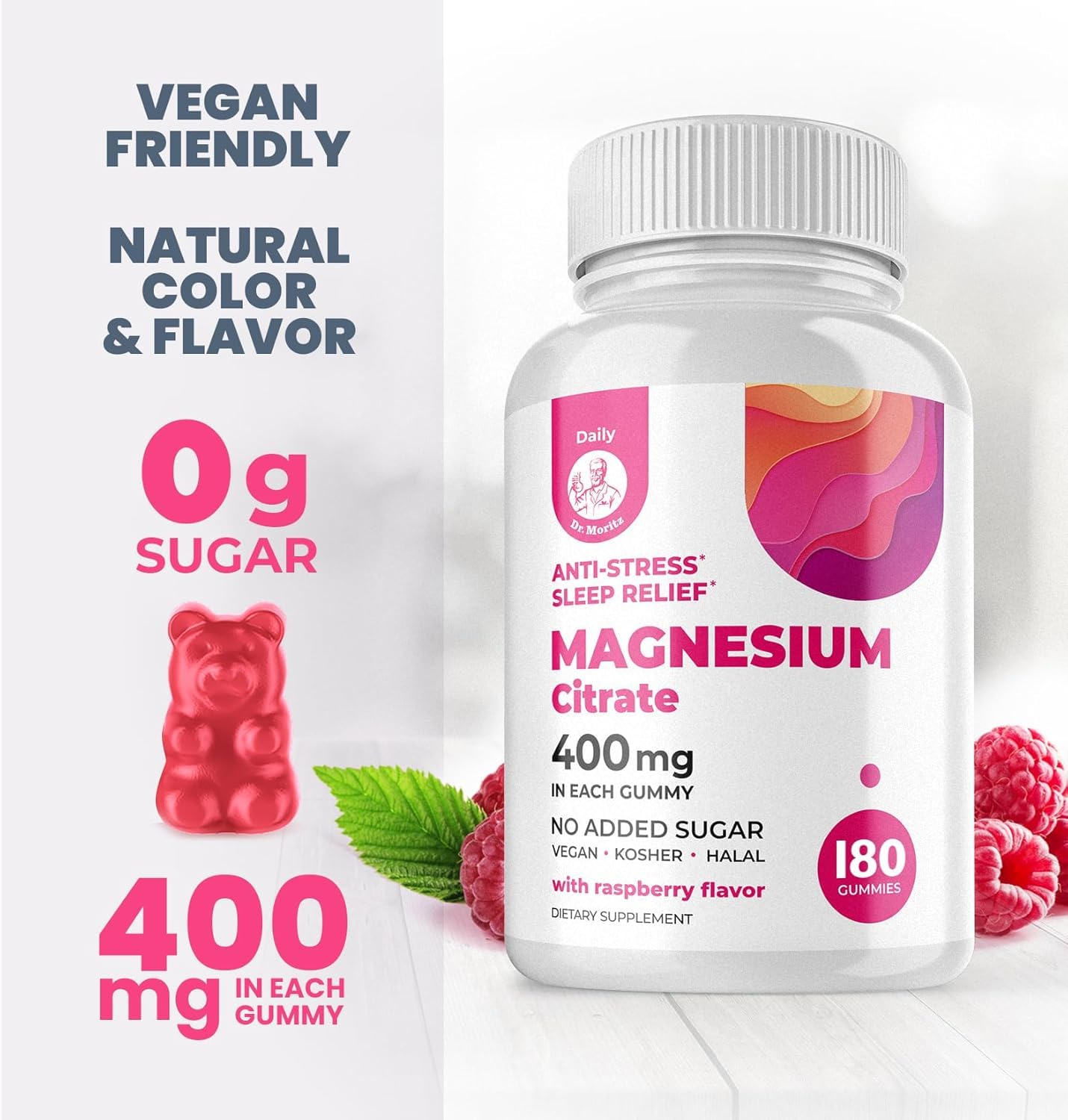DR. MORITZ Magnesium Gummies low-sugar label emphasizes a healthier sugar choice