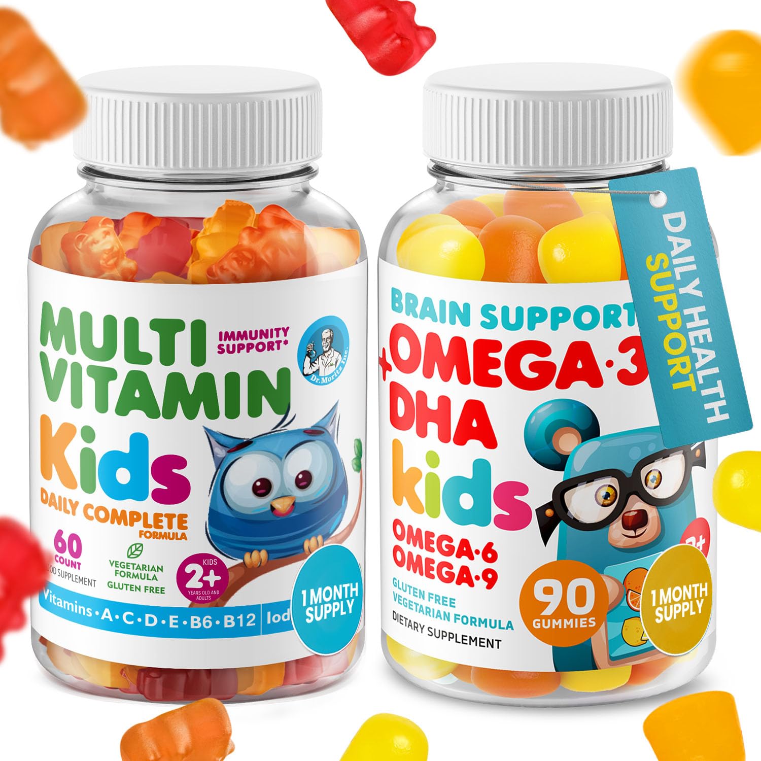 DR. MORITZ Omega 3 Gummies bottle front, daily focus support for kids.