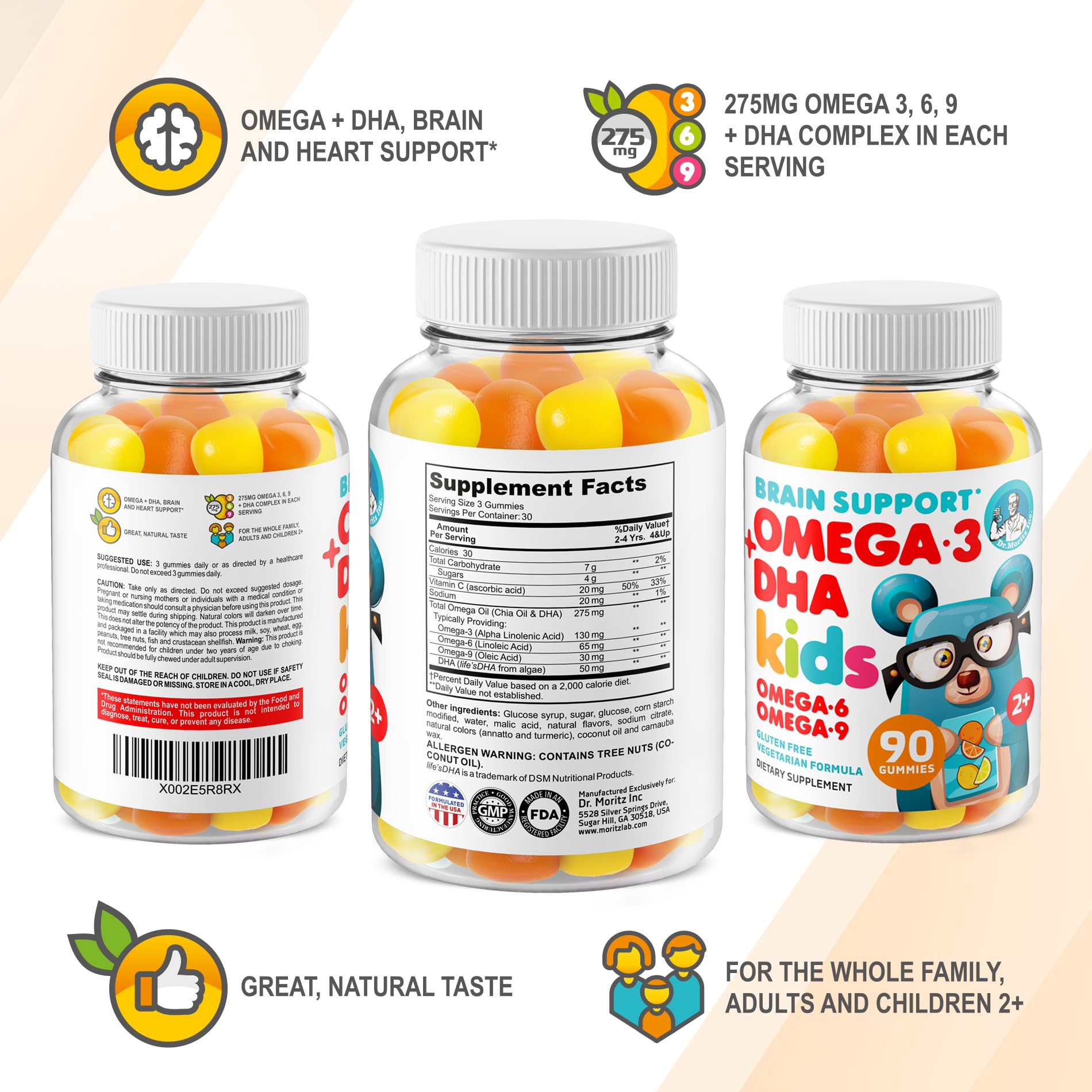 DR. MORITZ Omega 3 Kids Gummies packaging box showing 180 count and 2-pack option.