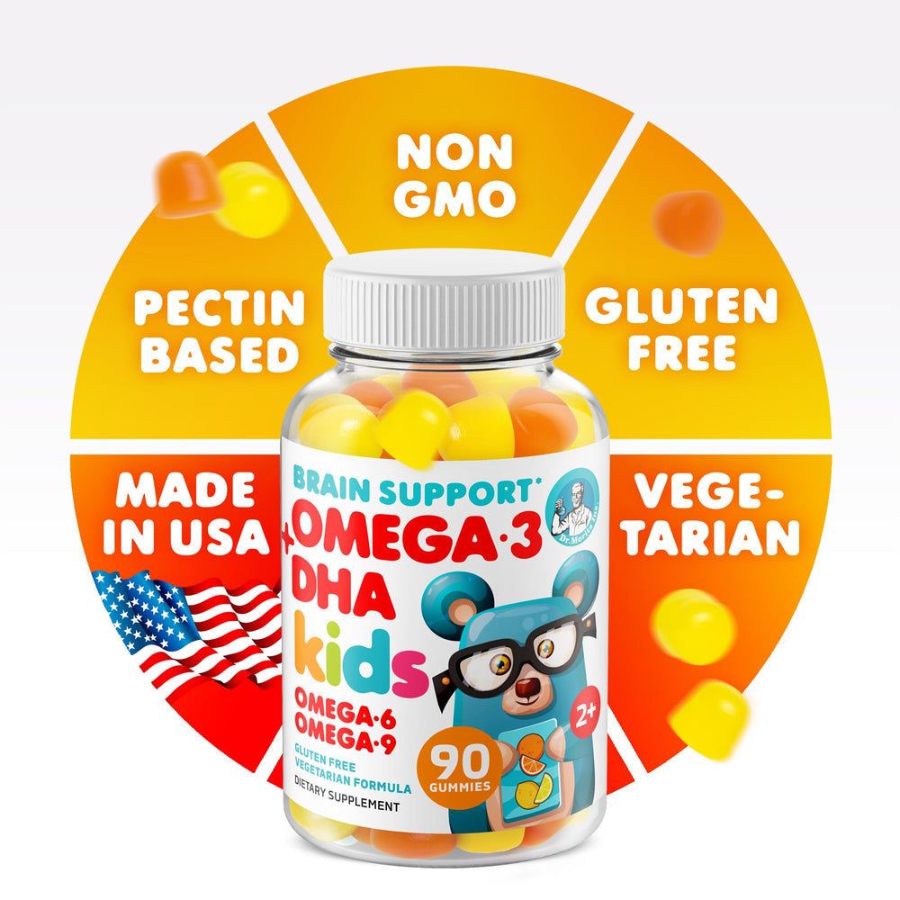 Vegan DHA icon on DR. MORITZ Omega 3 Kids Gummies bottle.