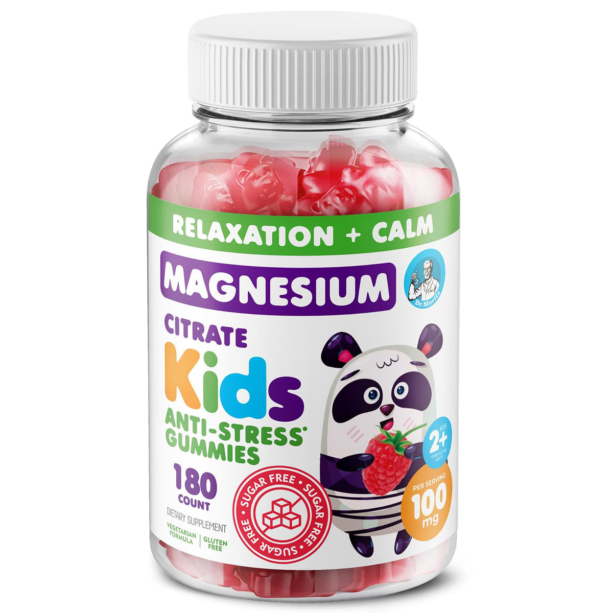 DR. MORITZ Sugar-Free Calm Magnesium Gummies bottle with raspberry flavor for nightly relaxation.