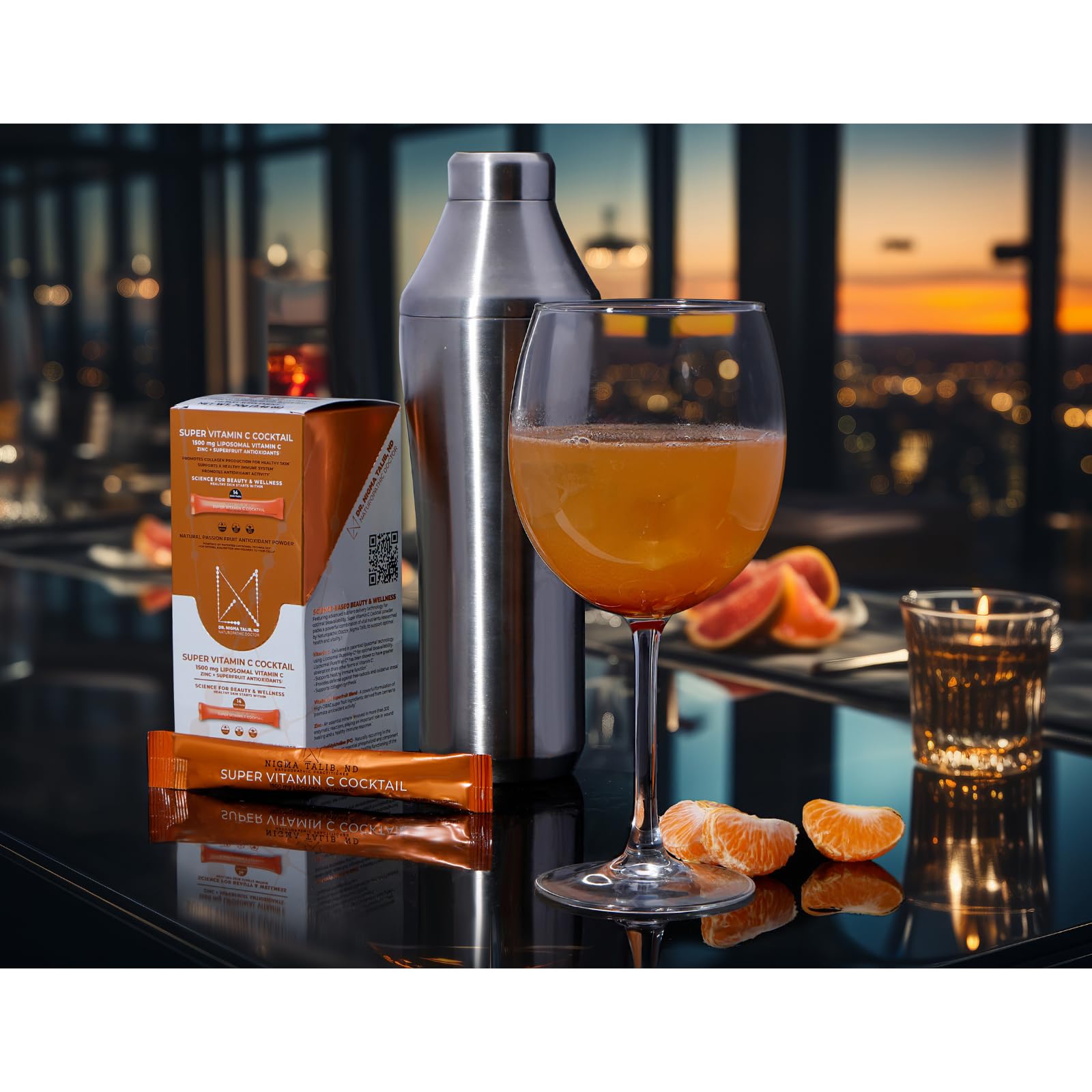 Glass of DR. NIGMA cocktail powder with citrus aroma and color.