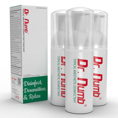 Dr. Numb 4% Lidocaine foam soap bottle shown for travel use and quick relief.