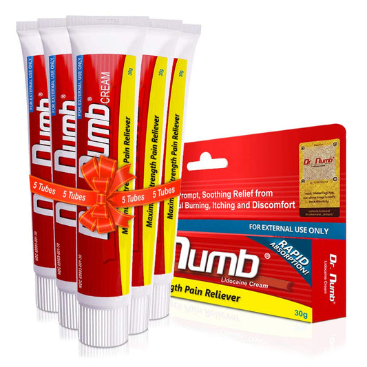 Dr. Numb 5% lidocaine cream pack shot shows five tubes for convenient relief.