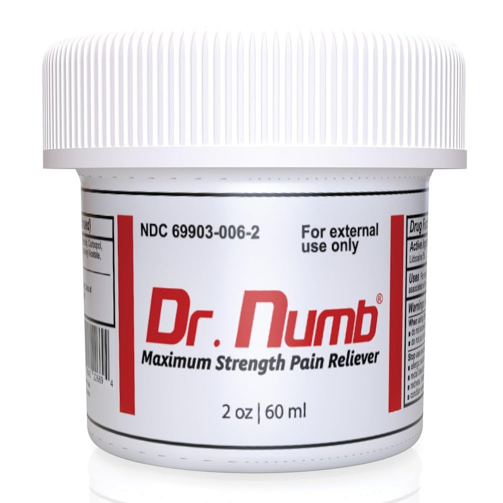 Dr. Numb 5% lidocaine cream tube; fast numbing relief begins quickly.