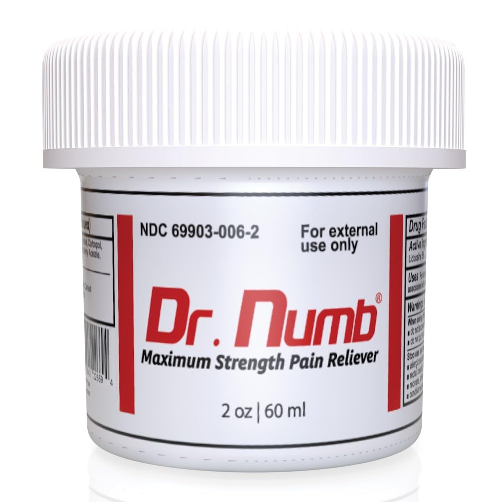 Dr. Numb 5% lidocaine cream tube; fast numbing relief begins quickly.