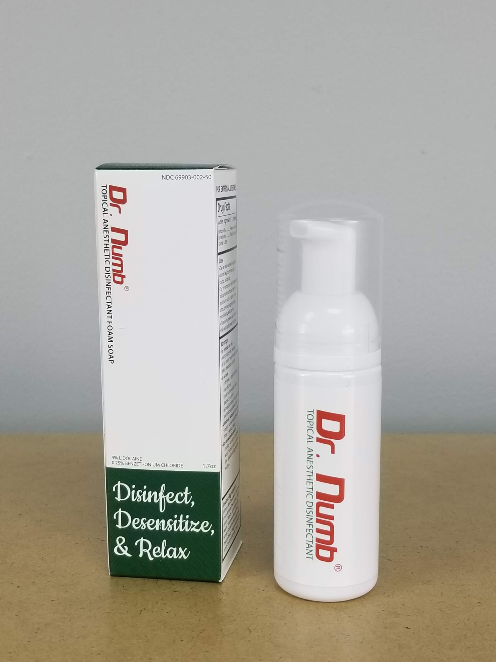 Dr. Numb ingredient label emphasizes lidocaine concentration and safety features.