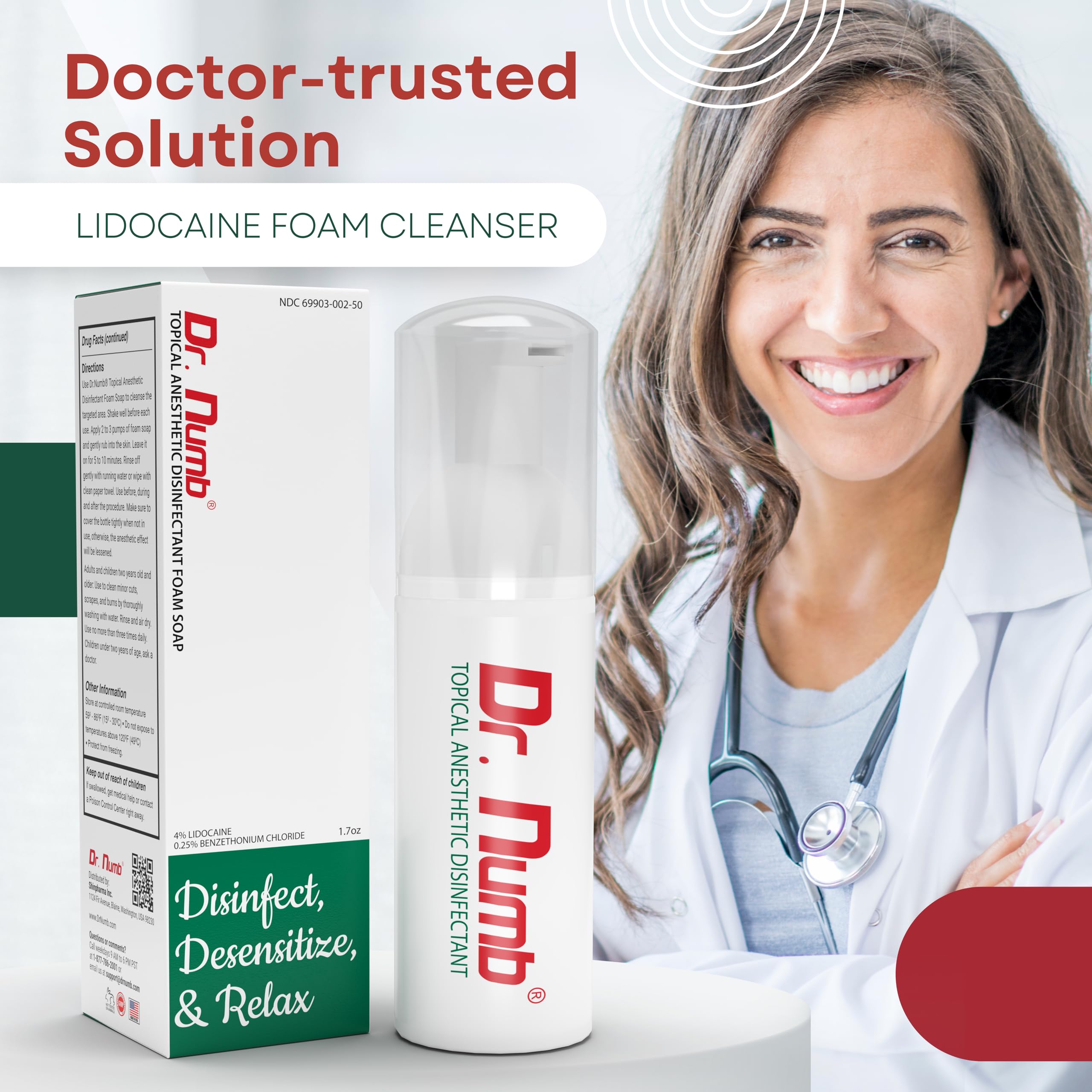 Dr. Numb travel-size 1.7oz foam soap for on-the-go care.
