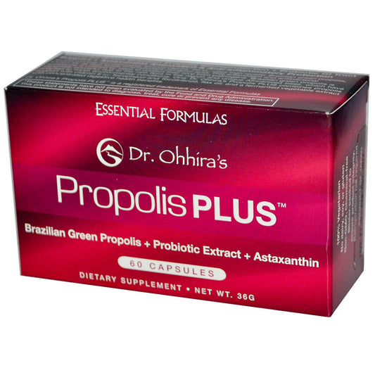 Dr. Ohhira's Propolis Plus label closeup highlighting antioxidants and omega-3 blend.