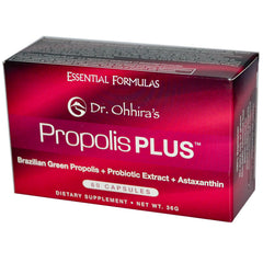 Dr. Ohhira's Propolis Plus label closeup highlighting antioxidants and omega-3 blend.