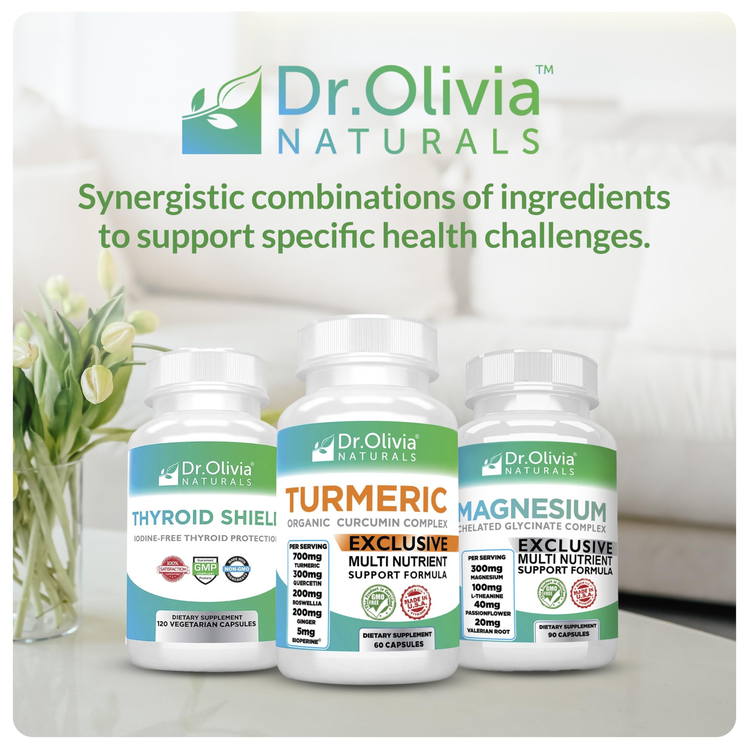Lifestyle shot of Dr. Olivia Naturals bottle on a shelf