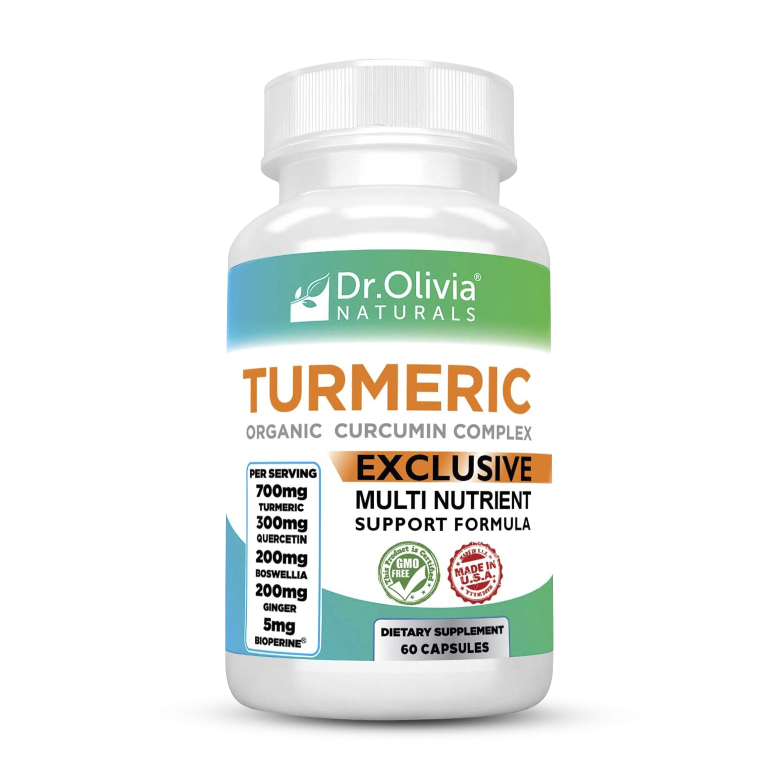 Dr. Olivia Naturals Organic Turmeric Curcumin Complex bottle for daily wellness