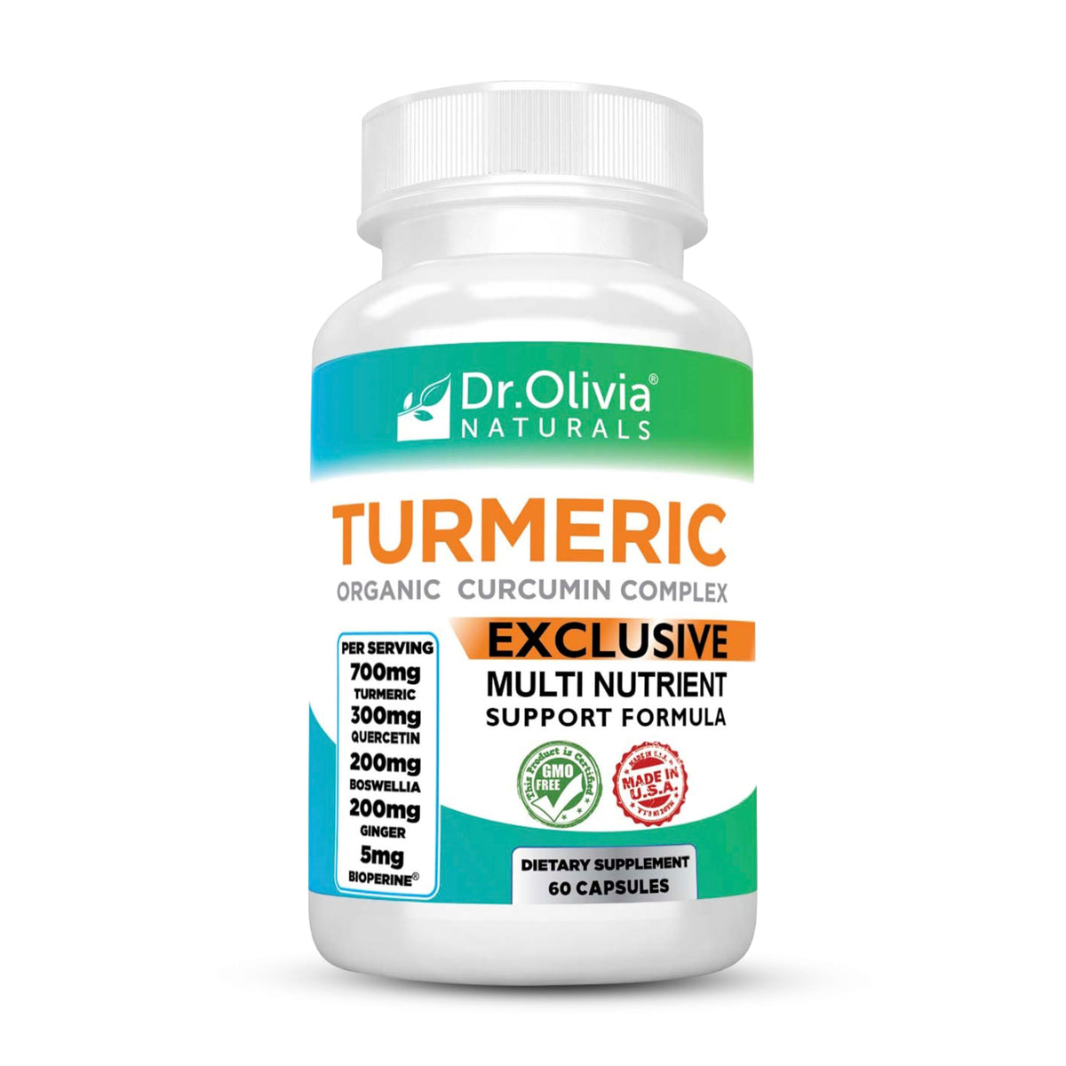 Dr. Olivia Naturals Organic Turmeric Curcumin Complex bottle for daily wellness