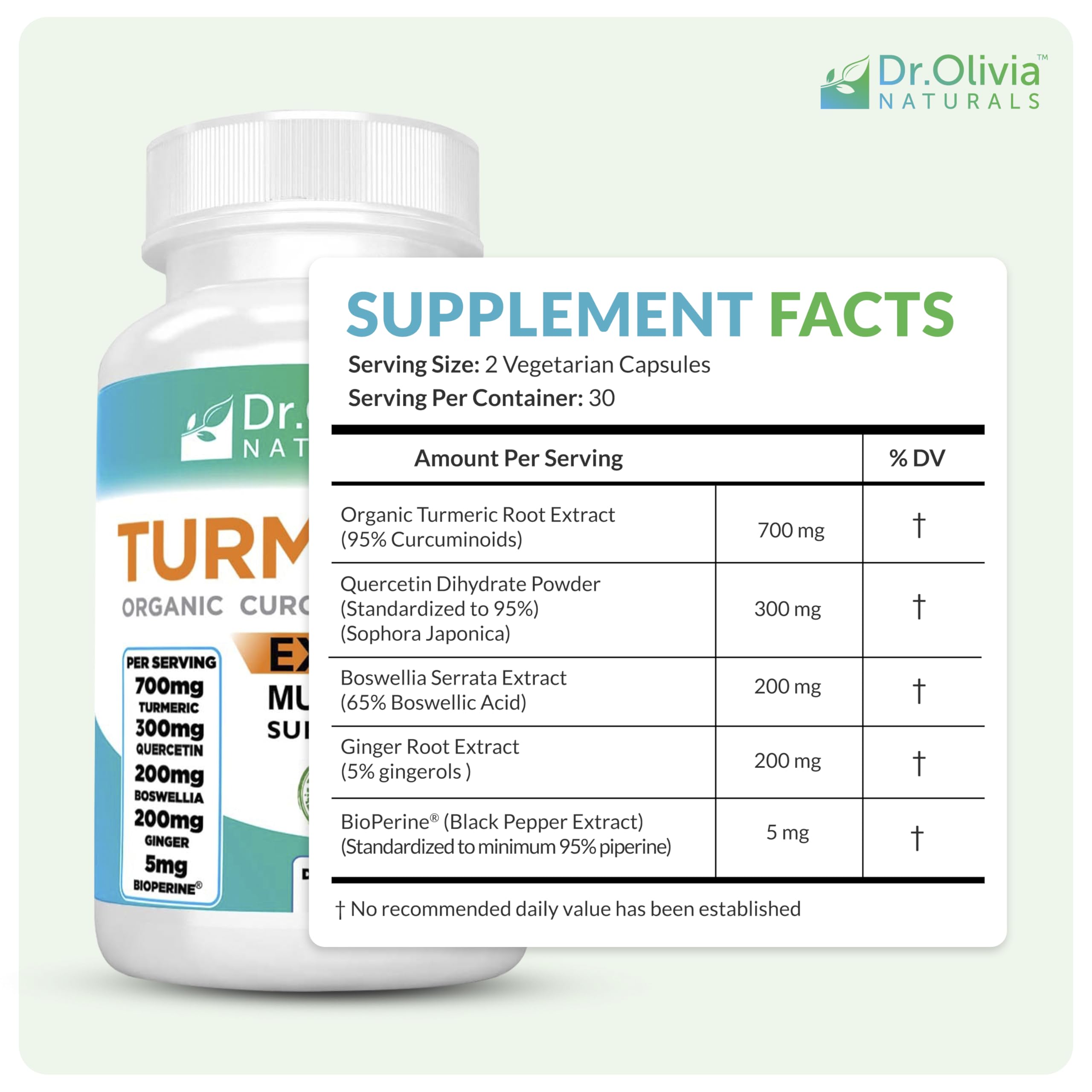 Close-up of Dr. Olivia Naturals turmeric curcumin capsules