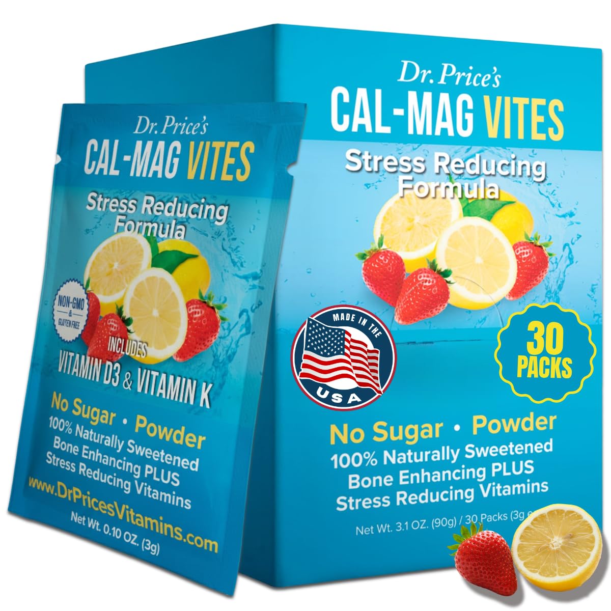 Dr. Price’s Cal-Mag Vites bottle front with strawberry lemon flavor for daily mineral support
